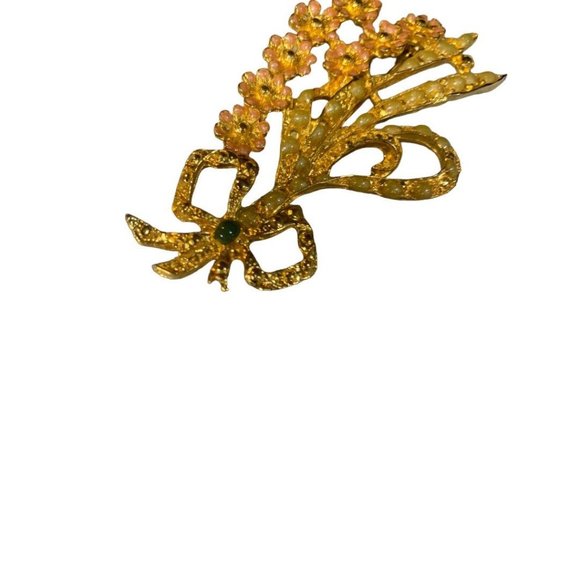 Vintage Goldtone Floral Spray Brooch 3" Pink Green Enameled - Picture 7 of 7